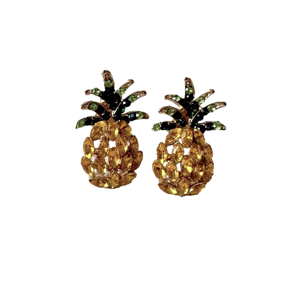 Pineapple Crystal Stud Earrings – Gold Tone
